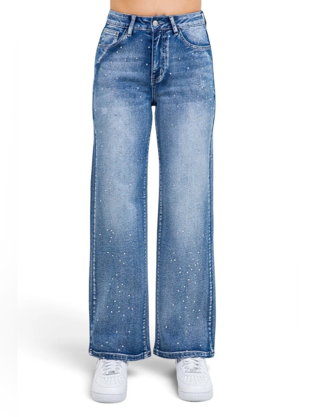 American Bazi - Rhinestone Trim Wide Leg Jeans